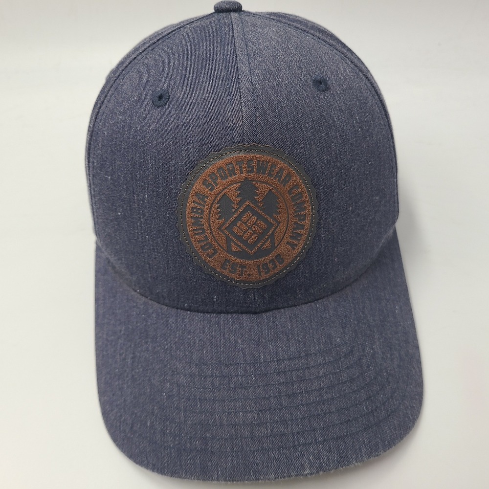 Columbia Hat Snapback Blue Brown Faux Leather Patch Logo Sportswear Outdoor Men